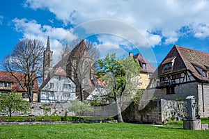 Sunny spring day in historic old town in Rothenburg ob der Tauber, Germany