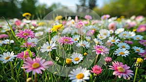 Sunny Spring Meadow with White & Pink Daisies and Yellow Dandelions Blooming in Abundance