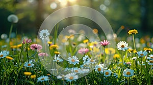 Sunny Spring Meadow with White & Pink Daisies and Yellow Dandelions Blooming in Abundance
