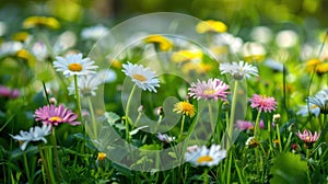 Sunny Spring Meadow with White & Pink Daisies and Yellow Dandelions Blooming in Abundance