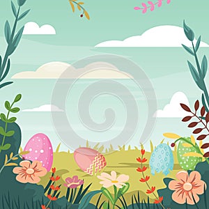 Sunny square composition for happy Easter eggs hunting. Landscape with Easter eggs on the lawn. Template for cards