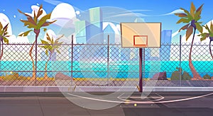 Sunny street basketball court, cityscape skyline