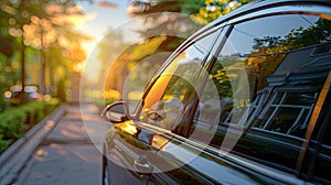 Sunny Street Scene: Back Window of Parked Car with Rear View Mock-Up for Summer Sticker or Decals