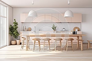 Sunny stylish dining area with large wooden table, high chairs, kitchen worktop with tap and large window. Kitchen in Scandinavian
