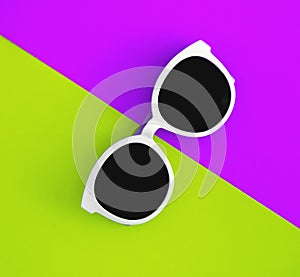 Sunny stylish white sunglasses on a bright purple-lilac and yellow-green background, top view, isolated. Copy space. Flat lay