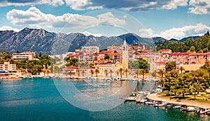 Sunny summer cityscape of Ploche resort. Aerial morning seascape of Adriatic sea,