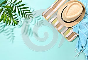 Sunny summer concept background with a strong shadow of palm lea