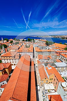 Sunny summer day above old town of Zadar. Panoramic view from height