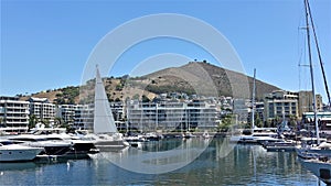 Sunny summer day. On the calm water of the bay are yachts and sailboats.