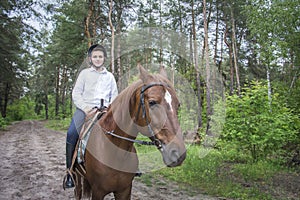 On a sunny summer day in the forest  a boy riding a horse