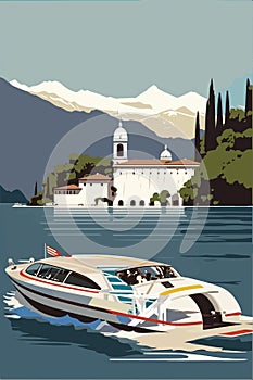 Sunny summer day on the of lake Como riding a speed boat, Italy. Retro exclusivists