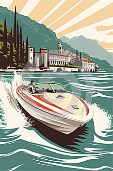 Sunny summer day on the of lake Como riding a speed boat, Italy. Retro exclusivists