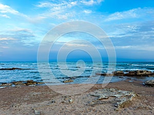 Sunny summer day on the lake. Mountains and sea. Kyrgyzstan, Lake Issyk-Kul