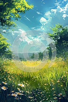 Sunny summer day in meadow in forest. Abstract natural backgrounds vertical