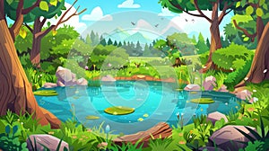 Sunny summer jungle background with trees and a lake in a forest environment. Cartoon modern illustration of water in a