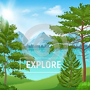 Sunny summer landscape with realistic pine forest on mountain lake background illustration