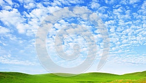 Sunny summer landscape. Spindrift clouds. Cirrus clouds against the blue sky above the hills covered with green fresh grass