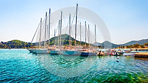 Sunny summer wiew of port Nydri. Colorful morning seascape of Ionian Sea. Sunny outdoor scene of Lefkada island, Greece, Europe. T