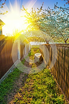 Sunny sunrise in village on coast of little river