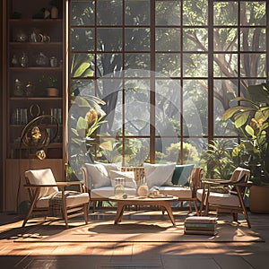 Sunny Sunroom with Wooden Furniture and Plants