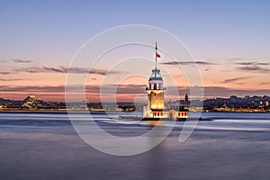 A sunny sunset over the Bosphorus with the symbol of Istanbul, the Maiden\'s Tower (Maiden\'s Tower).