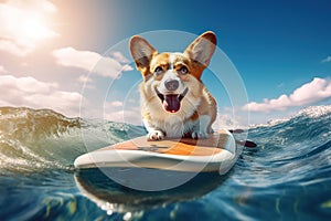 Sunny Surfer Corgi: Happy Pooch Masters the Ocean on a Surfboard - Generative AI