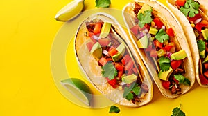 Sunny tacos with chicken, avocado, and fresh salsa on yellow background, copy space. Poke tacos. Bright yellow background with photo