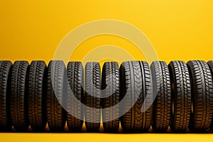 Sunny tire display Yellow backdrop with an orderly arrangement of tires