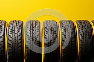 Sunny tire display Yellow backdrop with an orderly arrangement of tires