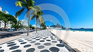 Sunny Tropical Beach with Iconic Sidewalk Pattern and Lush Palms. A Perfect Destination for Travel and Leisure. Clear