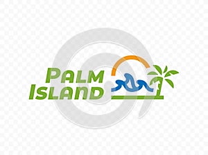 Sunny tropical beach with palm trees and blue water waves logo design. Travel tourism and summer holidays