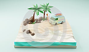 Sunny tropical beach with van and surf.