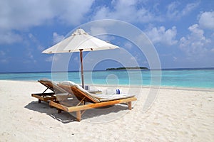 Sunny tropical island resort sun lounges