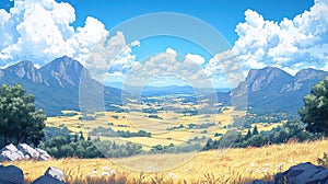 Sunny Valley Landscape: Mountains & Fields