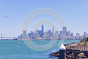 Sunny view of the Alcatraz Island and San Francisco skyline