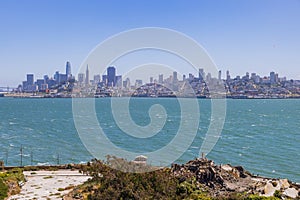 Sunny view of the Alcatraz Island and San Francisco skyline