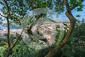 Sunny view of buildings of Angra do Heroismo from Alto da Memoria, Azores, Portugal photo