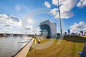 Sunny view of the Chesapeake Finishline Tower in Boathouse district