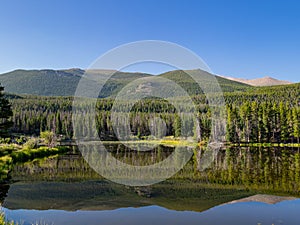 Sunny view of the dreamy reflex at Sprague Lake