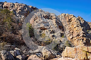 Sunny view of hiking in the Narrows Trail of Wichita Mountains National Wildlife Refuge