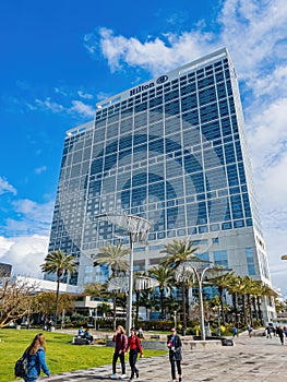 Sunny view of the Hilton hotel