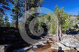 Sunny view of the Horsetail Fall Trail at Lake Tahoe