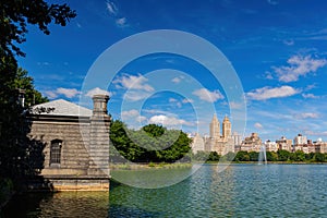 Sunny view of Jacqueline Kennedy Onassis Reservoir in Central Park