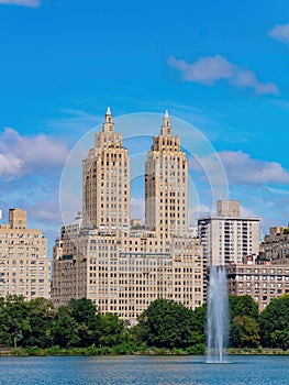 Sunny view of Jacqueline Kennedy Onassis Reservoir in Central Park