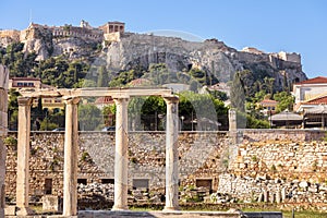 Sunny view of the Library of Hadrian overlooking Acropolis, Athens, Greece