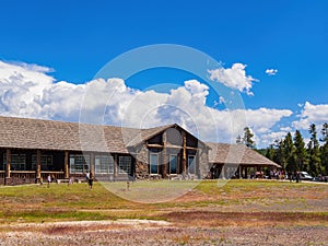 Sunny view of the Old Faithful Lodge