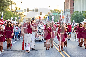 Sunny view of the student Marching Band walking in Homecoming parade