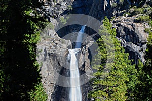 Sunny view of the upper and lower Yosemite Falls of Yosemite National Park