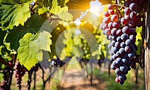 Sunny vineyard with clusters of ripe grapes in focus