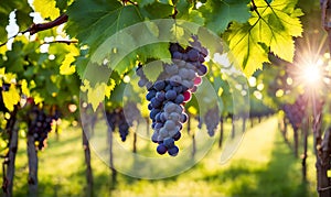 Sunny vineyard with clusters of ripe grapes in focus